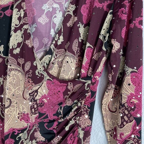 Y2K Top L Dark Paisley Floral Fairy Whimsigoth V-neck Faux Wrap Sparkle Dots - Picture 3 of 13